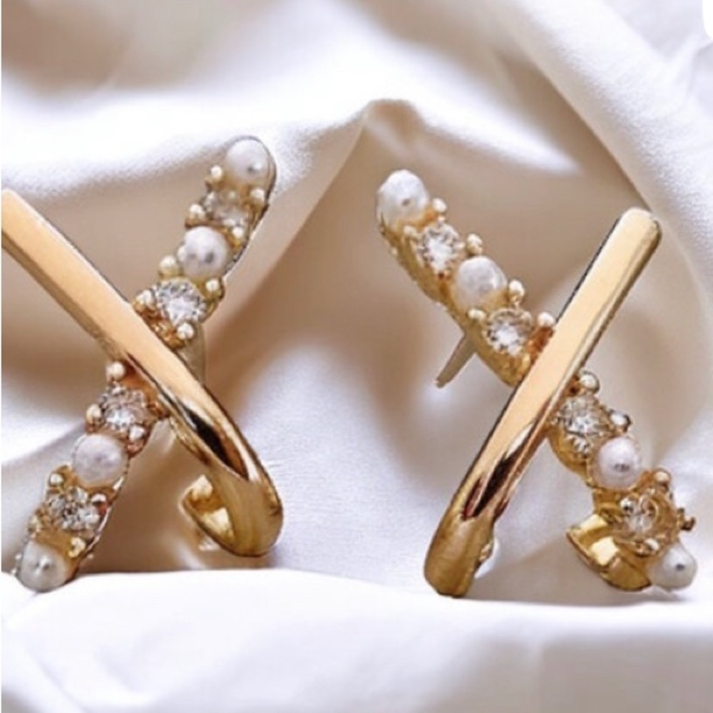 Gold Plated Cross Shaped Pearl and Zircon Stud Earrings